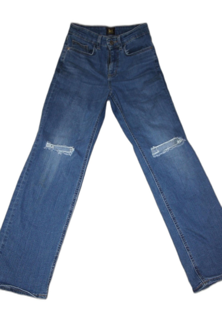 Lee Jeans Womens 4 Blue Medium Wash Slim Straight High Rise Distressed 34 Inseam